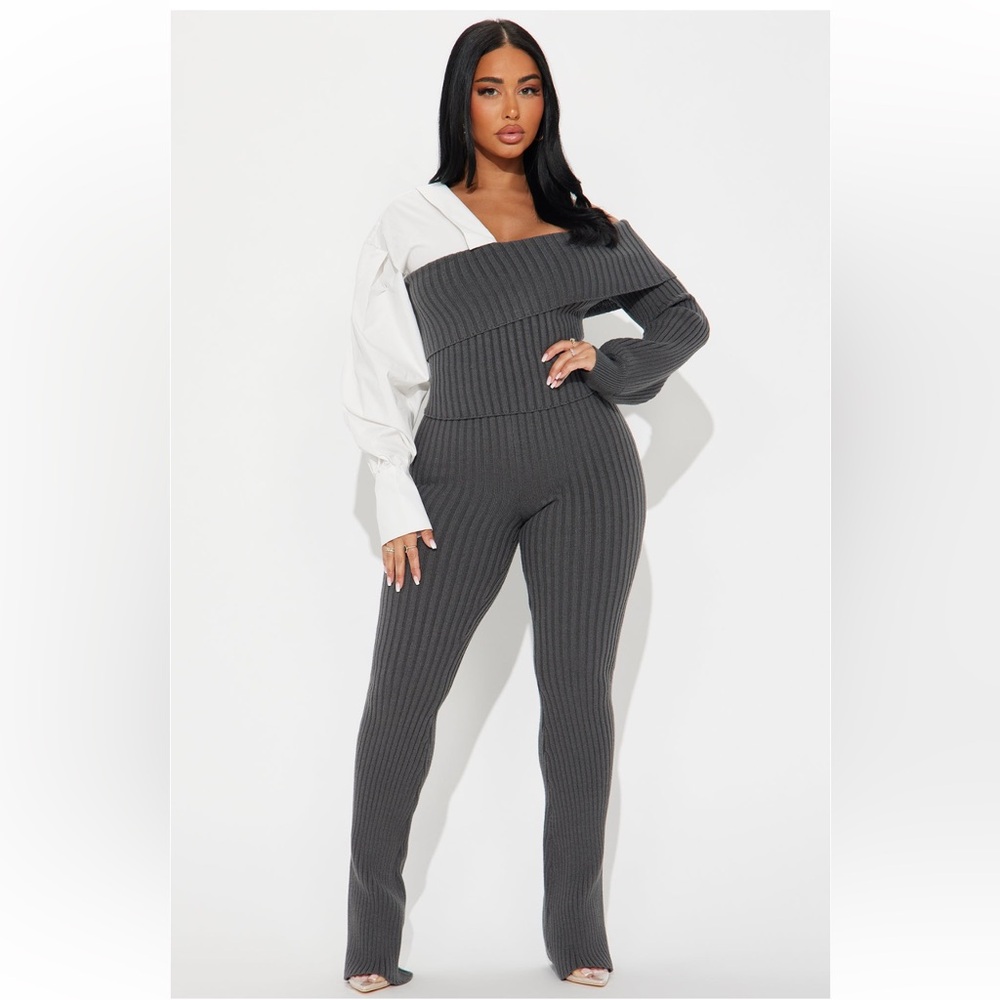 Off Shoulder Sweater Pants Set with Blouse Sleeve